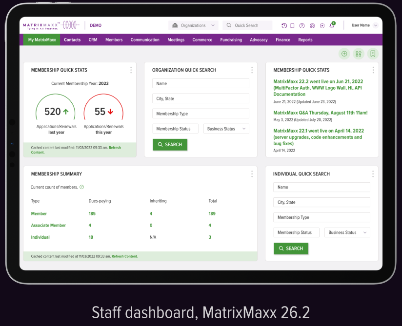 MatrixMaxx staff dashboard shown on a tablet